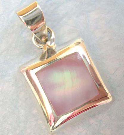 square sterling silver pendant with pick mother of pearl seashell inlay.