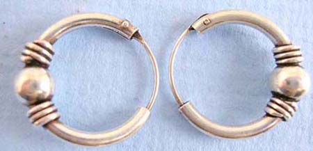  925.stamped sterling silver ear hoop earring with bali bead design