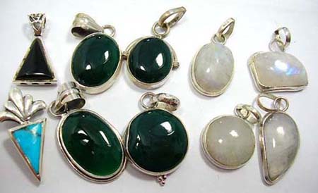925 sterling silver necklace pendants with moon stone, green agate, turquoise semi precious stones