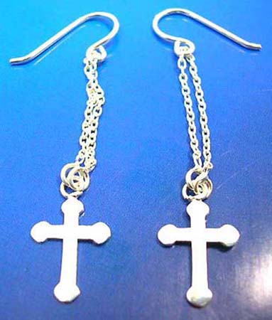  solid 925. sterling silver earring with double chains with cross pattern