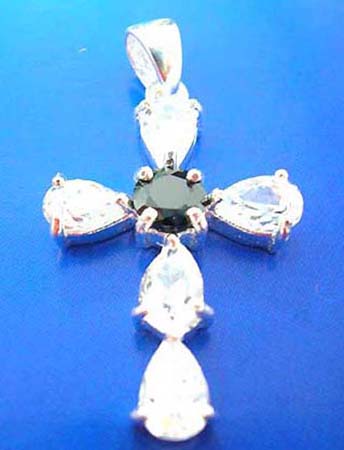  silver cross pendant holding a clear and black cz stones