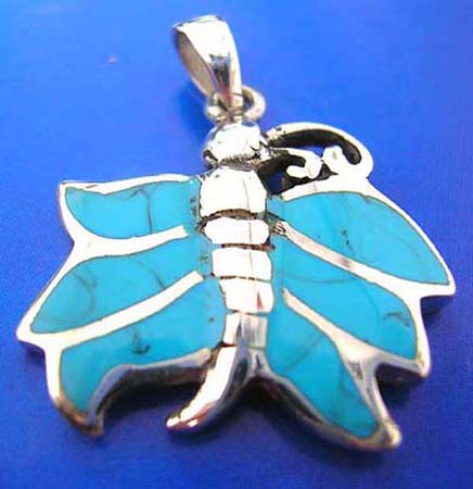  sterling silver 925 thailand made pendant with turquoise semi precious stone, butterfly outline