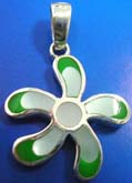 Sterling silver pendant in flower outline with 6 mini white mother of pearl seashell inlaid and green color edge decor