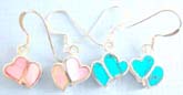 Double hear love 925.Thai sterling silver earring on French wire with turquoise chips and seashell inlay