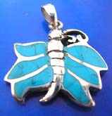 sterling silver 925 Thailand made pendant with 6 mini Turquoise semi precious stone inlaid butterfly outline 